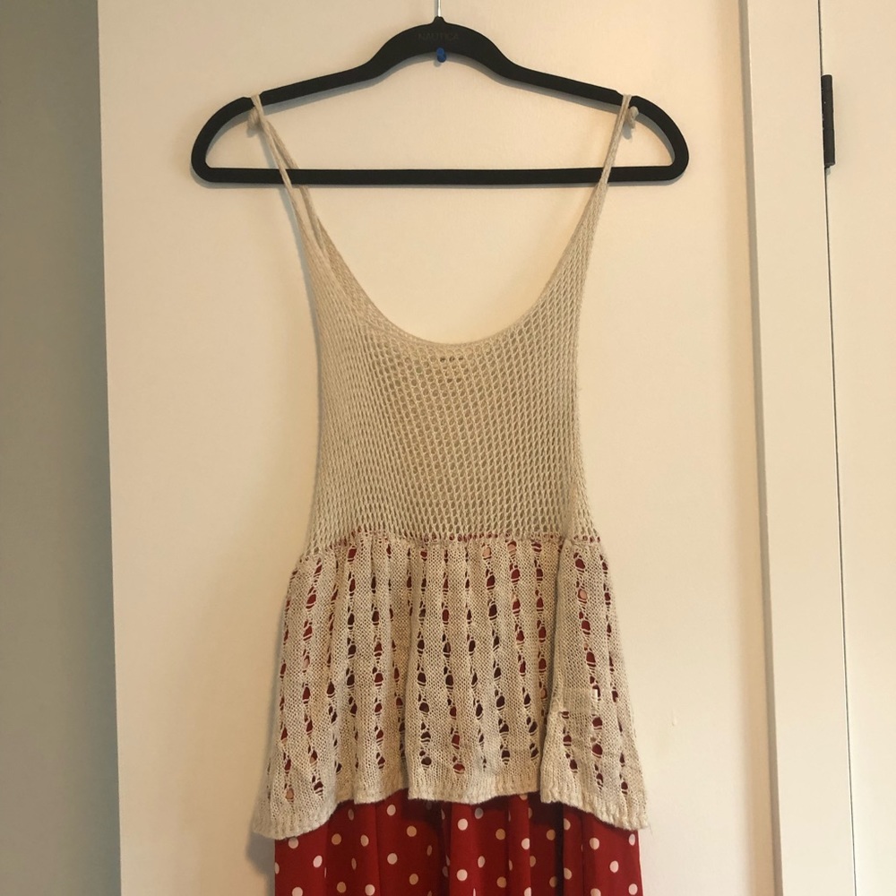 Orange Polkadot & White Crochet Maxi Dress
